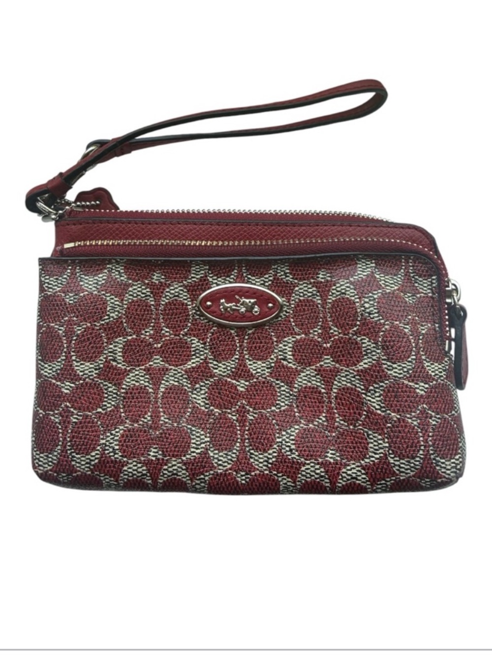 Coach Burgundy Signature Wristlet with Pockets Handstrap & Zipper